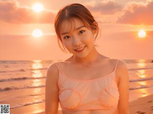 A woman in a pink bikini holding a flower on the beach.