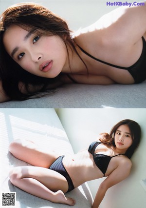A woman in a black bikini laying on a bed.
