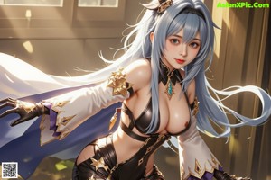 A woman with long blue hair standing in front of a door.