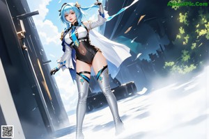 A woman with long blue hair wearing a costume.