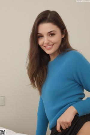 A woman in a blue dress sitting on a couch.