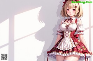 a woman in a red and white dress posing for a picture