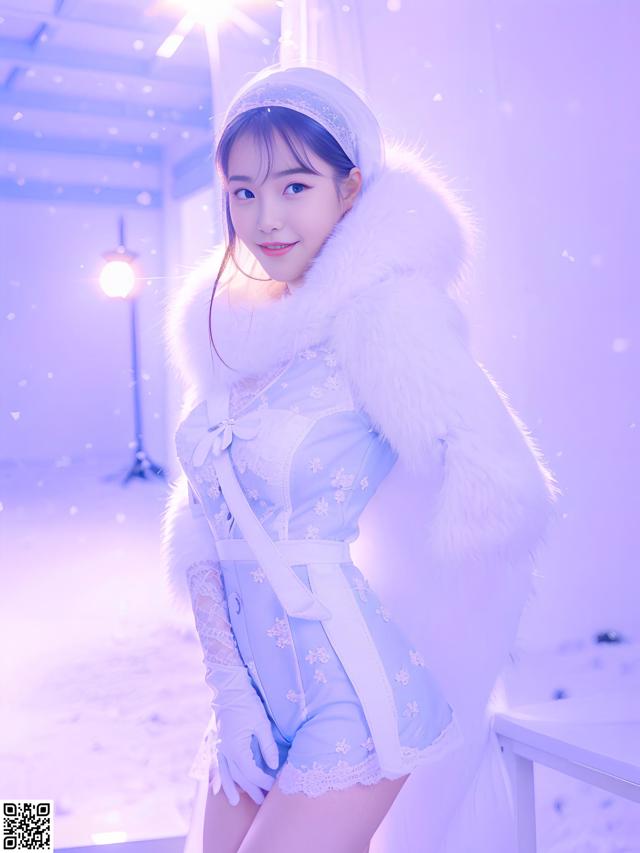 A woman in a white dress and fur coat posing for a picture.