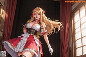 A woman in a maid outfit standing on top of a building.