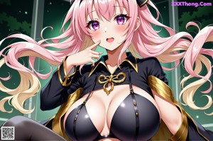 Anime girl with big tits posing on a bed.