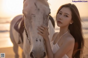 A woman in a white dress sitting on top of a white horse.