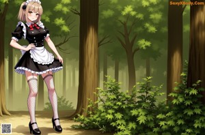A woman in a maid outfit standing in front of a bench.