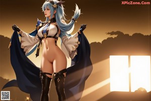 A woman with long blue hair wearing a white and blue outfit.