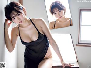 A naked asian woman sitting in front of a mirror.